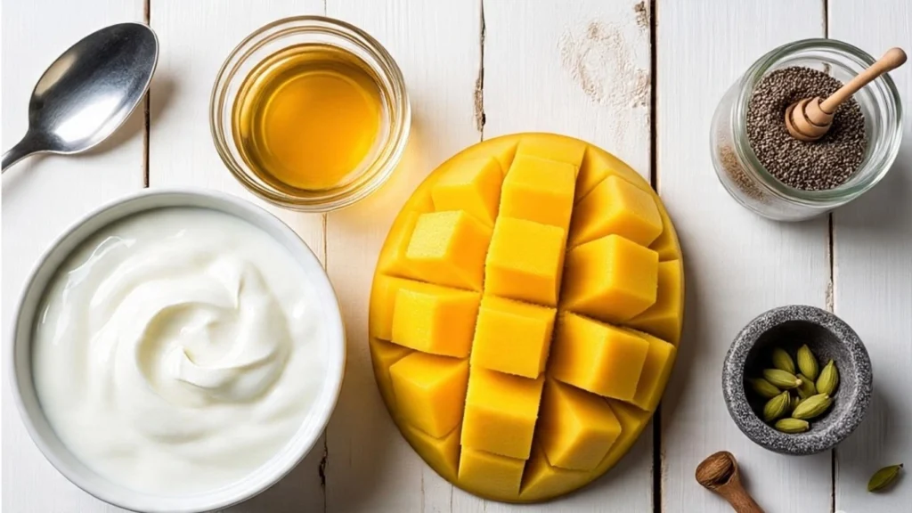ingredients for healthy indian mango chia seed smoothie fresh mango, yogurt, chia seeds, honey, and cardamom