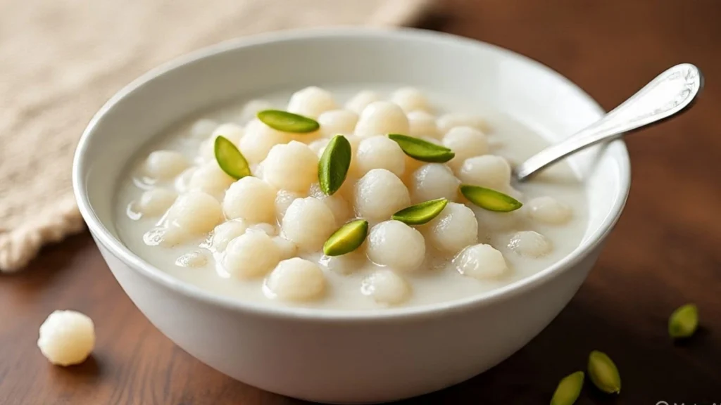 low calorie sabudana kheer, a light and healthy indian pudding made with jaggery