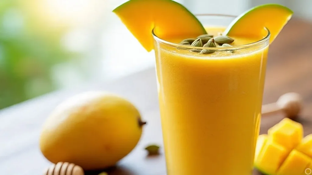 low fat mango lassi smoothie healthy indian vegetarian drink for weight management