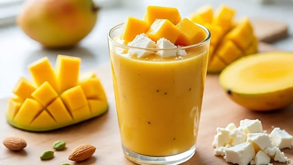 mango paneer protein shake for muscle gain, a healthy indian smoothie recipe without protein powder