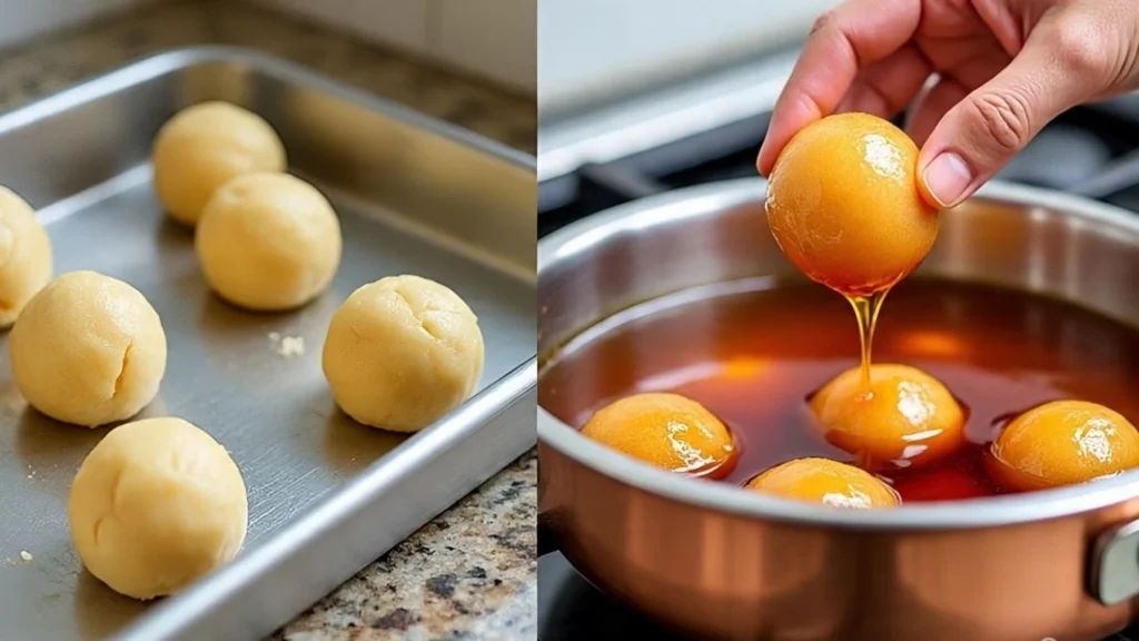 process of making healthy gulab jamun baking the balls and soaking in jaggery syrup