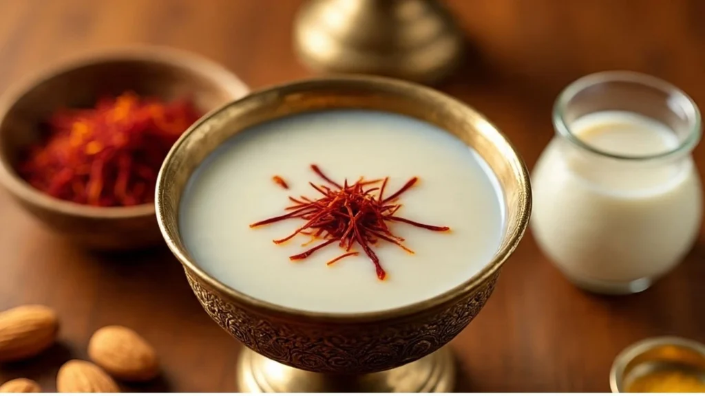 saffron badam protein elixir, a traditional indian healthy drink for strength and weight gain