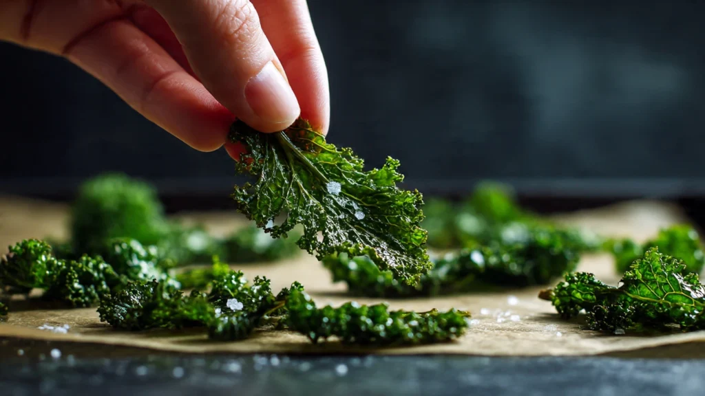A bowl of crispy, oven-baked kale chips, showing their light and crunchy texture.