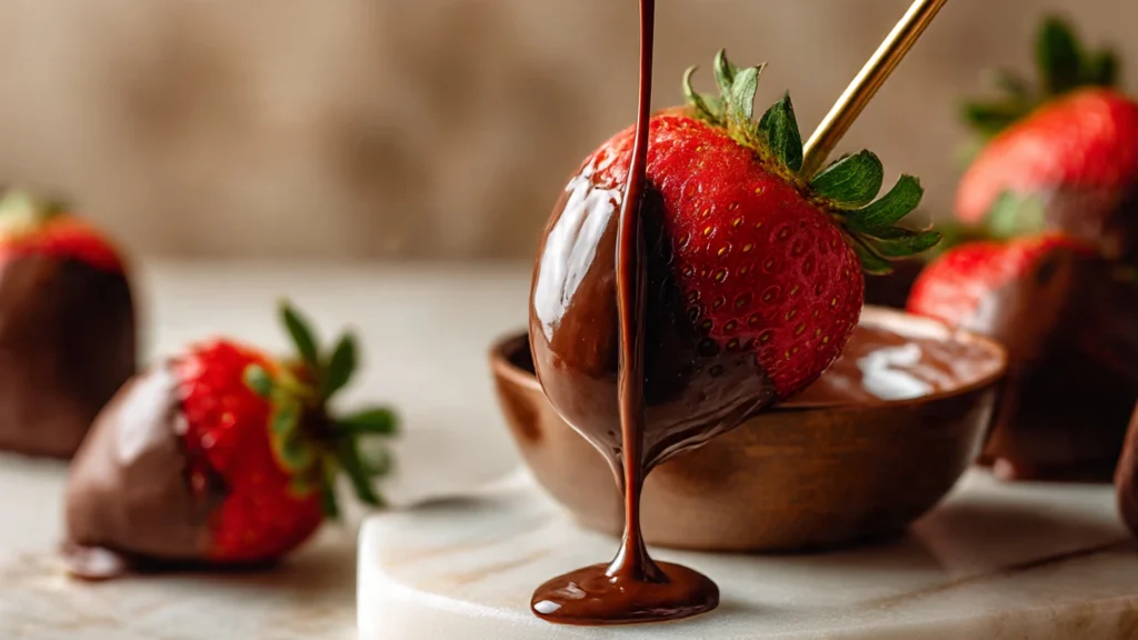 Fresh strawberries dipped in dark chocolate, resting on a marble slab.