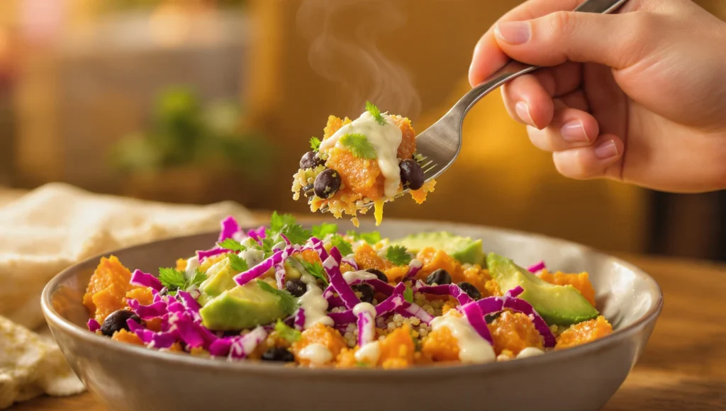 A perfect bite of a vibrant, healthy Buddha bowl, symbolizing the ideal balance between delicious flavor and nutritious food.