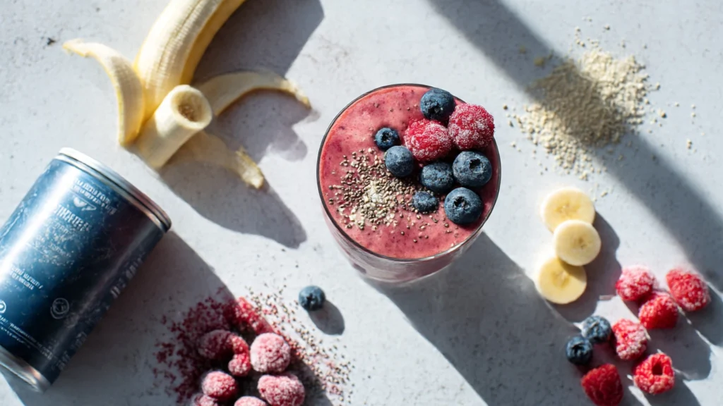 A thick, creamy pink berry smoothie in a tall glass, topped with fresh berries.