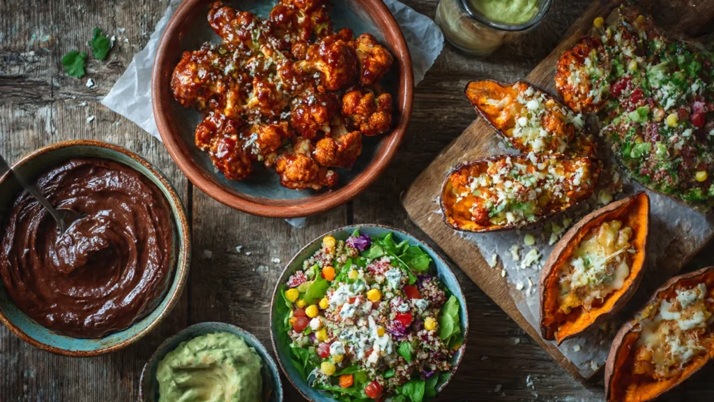 An abundant overhead shot of a rustic table filled with delicious and healthy comfort food, showcasing that nutritious meals can be joyful and satisfying.