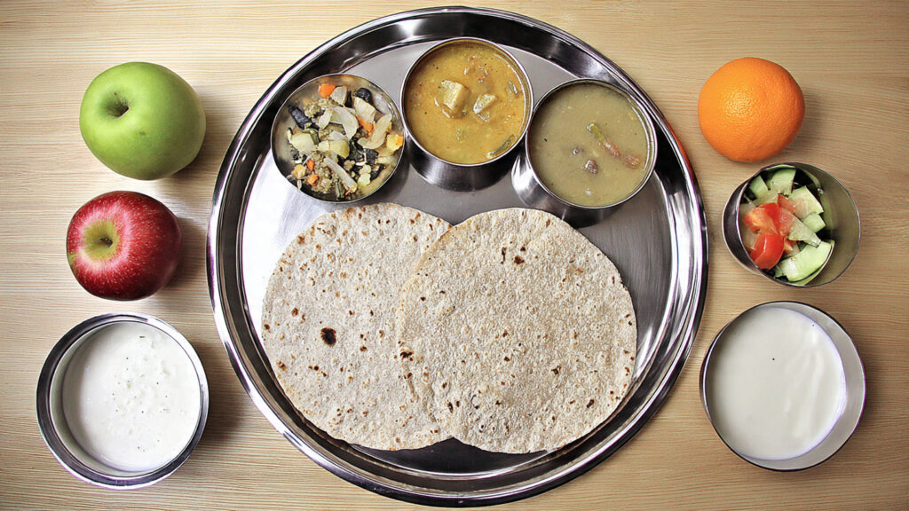 A balanced and nutritious Indian thali with roti, dal, sabzi, salad, and dahi, illustrating the basics of healthy eating in India.
