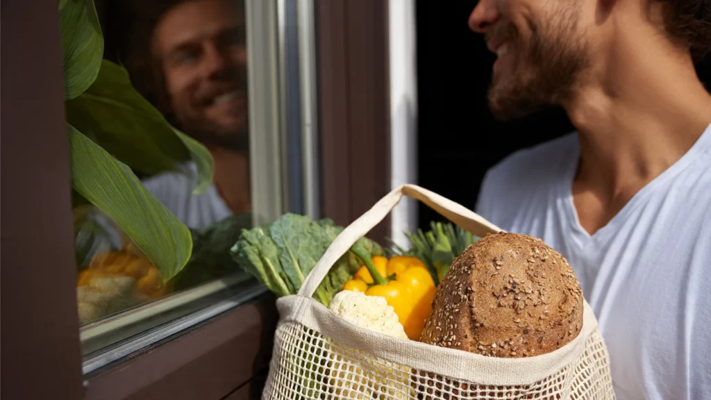 Person feeling positive after a 7-day reset, shopping for fresh foods to continue their healthy journey.
