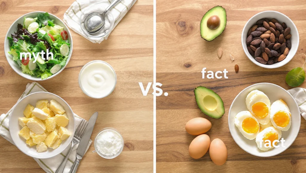 Comparison between common healthy food myths and factual healthy choices on a wooden table.