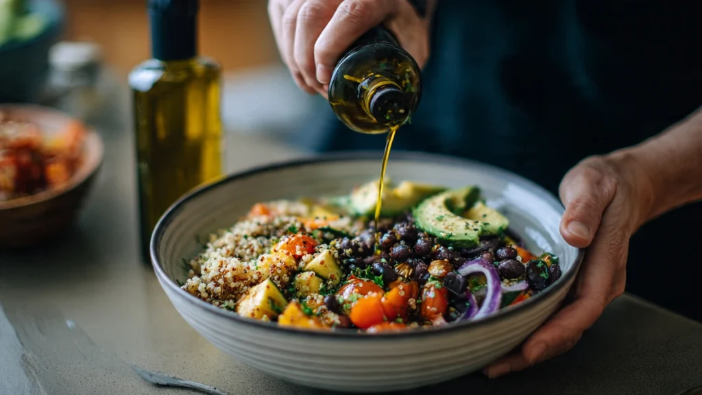 Hands assembling a balanced, nutrient-dense Buddha bowl with whole foods, representing practical healthy eating.