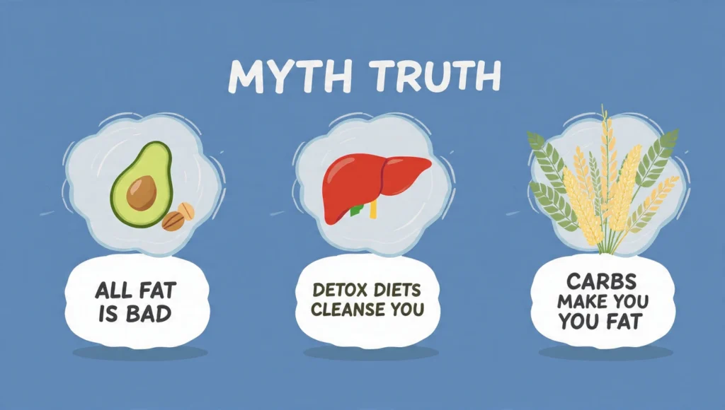 Three common nutrition myths being visually debunked with icons and simple text replacements.
