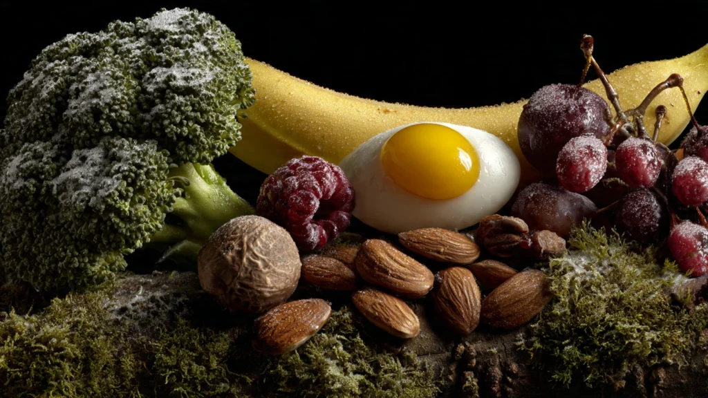 Visual representation of shocking food facts: banana as a berry, fresh vs. frozen veggies, egg yolk, and almond origin.