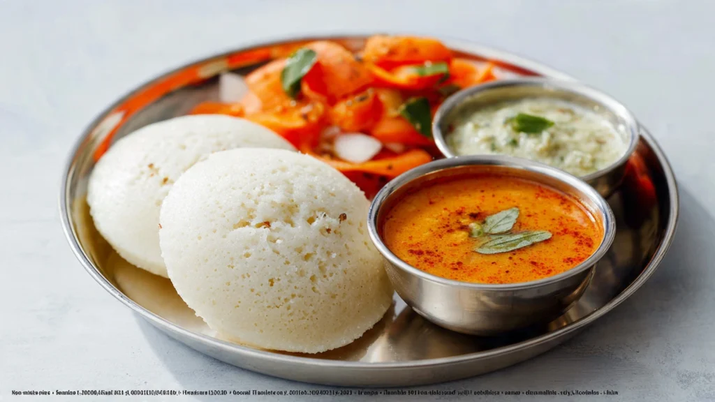 7 days healthy breakfast Indian vegetarian thali with idli and sambar.