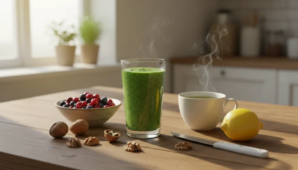 A selection of liver healthy foods including green smoothie, blueberries, walnuts, green tea, and fresh lemon on a wooden kitchen table
