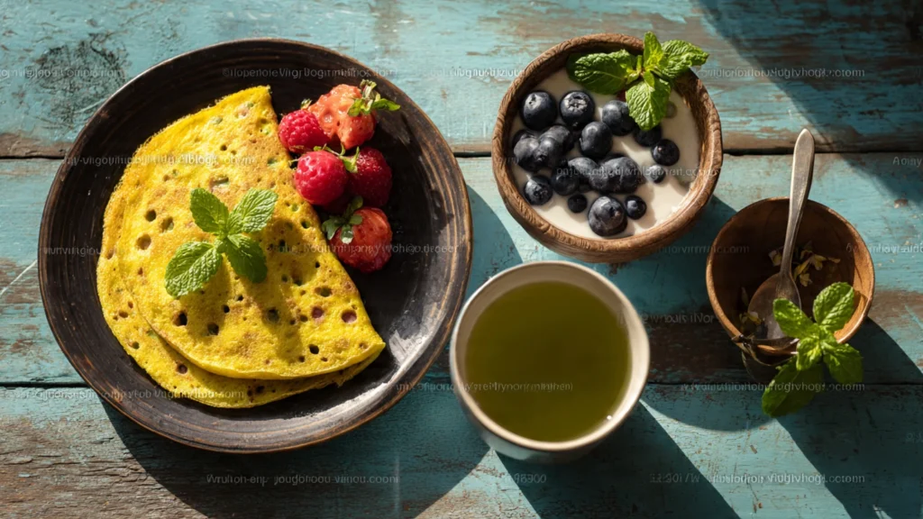 Collage of healthy breakfast ideas for weight loss featuring moong dal chilla and yogurt bowl.