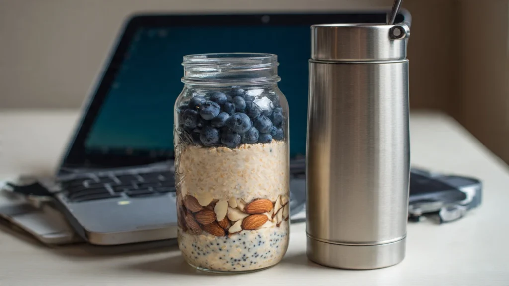 Healthy breakfast ideas for work - overnight oats in mason jar.