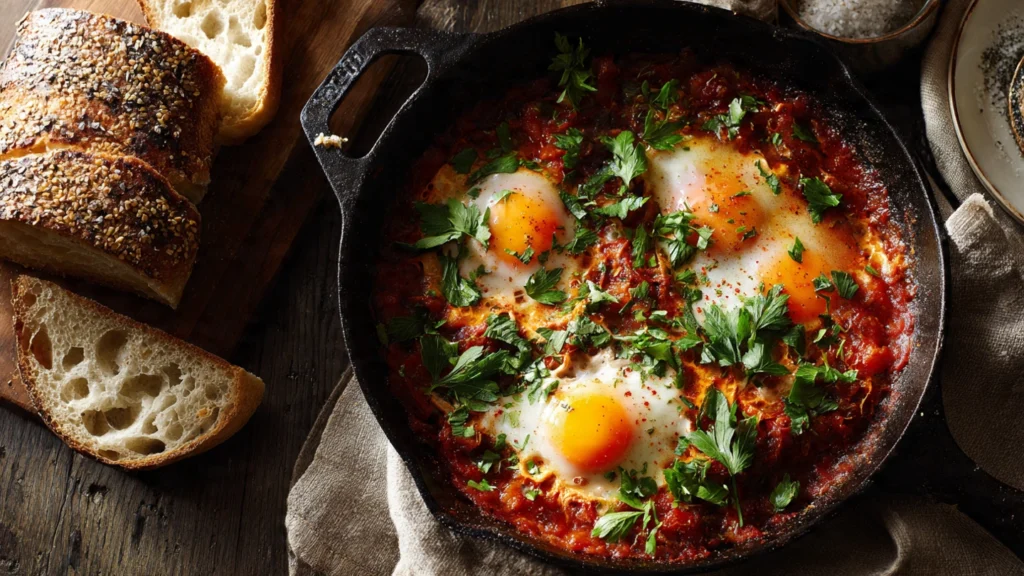 Healthy breakfast ideas with eggs - Shakshuka high protein meal.